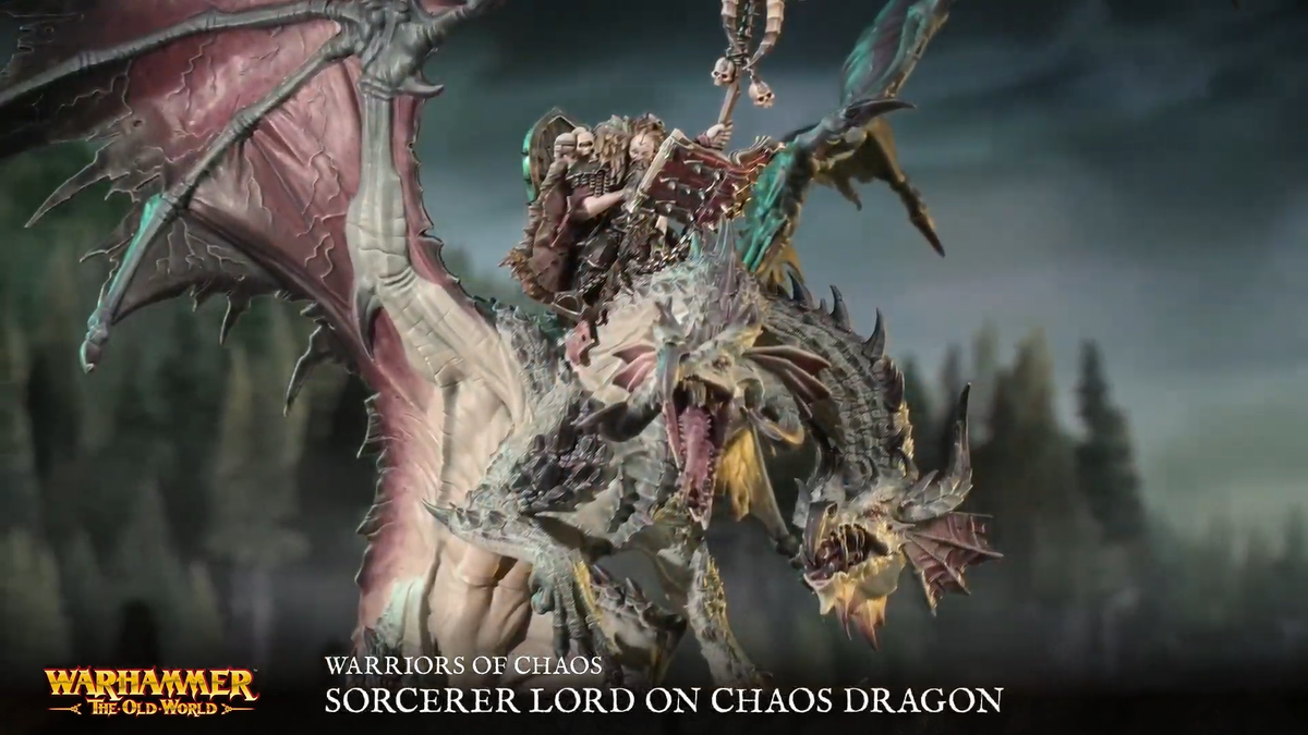 Chaos heroes astride Chaos Dragon mounts against a dark, brooding background