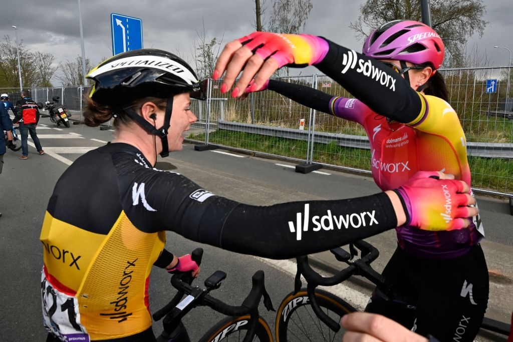 Belgian Lotte Kopecky of SD Worx celebrates after winning the womens race of the Ronde van Vlaanderen Tour des Flandres Tour of Flanders one day cycling event 2725km from oudenaarde to Oudenaarde Sunday 03 April 2022 BELGA PHOTO ERIC LALMAND Photo by ERIC LALMAND BELGA MAG Belga via AFP Photo by ERIC LALMANDBELGA MAGAFP via Getty Images