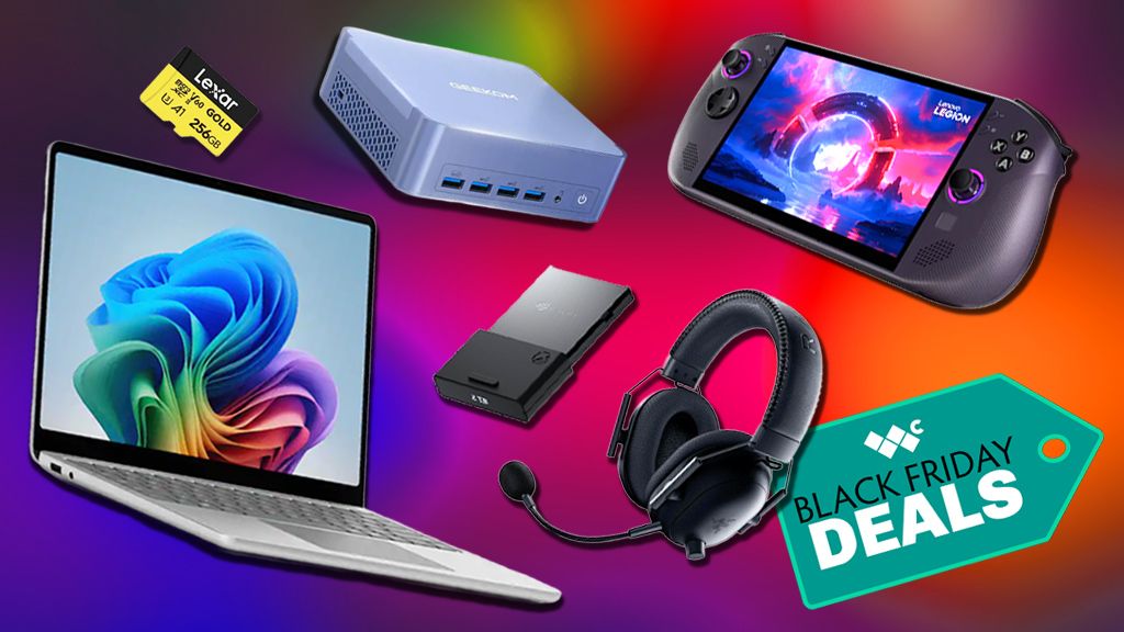 A Surface Laptop, Lexar microSD card, Geekom mini PC, Seagate Expansion card, Razer headset, and Legion Go S (SteamOS) floating over a colorful background. A coupon-shaped graphic in the bottom right corner shows the Windows Central logo and says, &quot;Black Friday Deals.&quot;