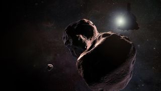 NASA's New Horizons spacecraft will make a close flyby of the Kuiper Belt object Ultima Thule, shown here in an artist's illustration, on Jan. 1, 2019.