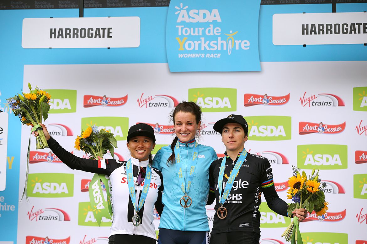 Lizzie Deignan on the top step, Coryn Rivera (left) and Giorgia Bronzini (right)