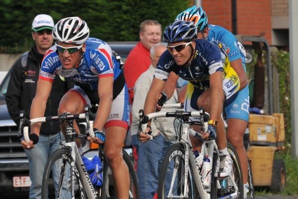Thomas Degand (Verandas Willems) feels the strain of trying to fend off the peloton's pursuit.