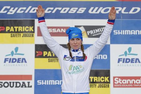 Daphny Van Den Brand (AA Drink - Leontien.Nl Cycling Team) atop the World Cup podium