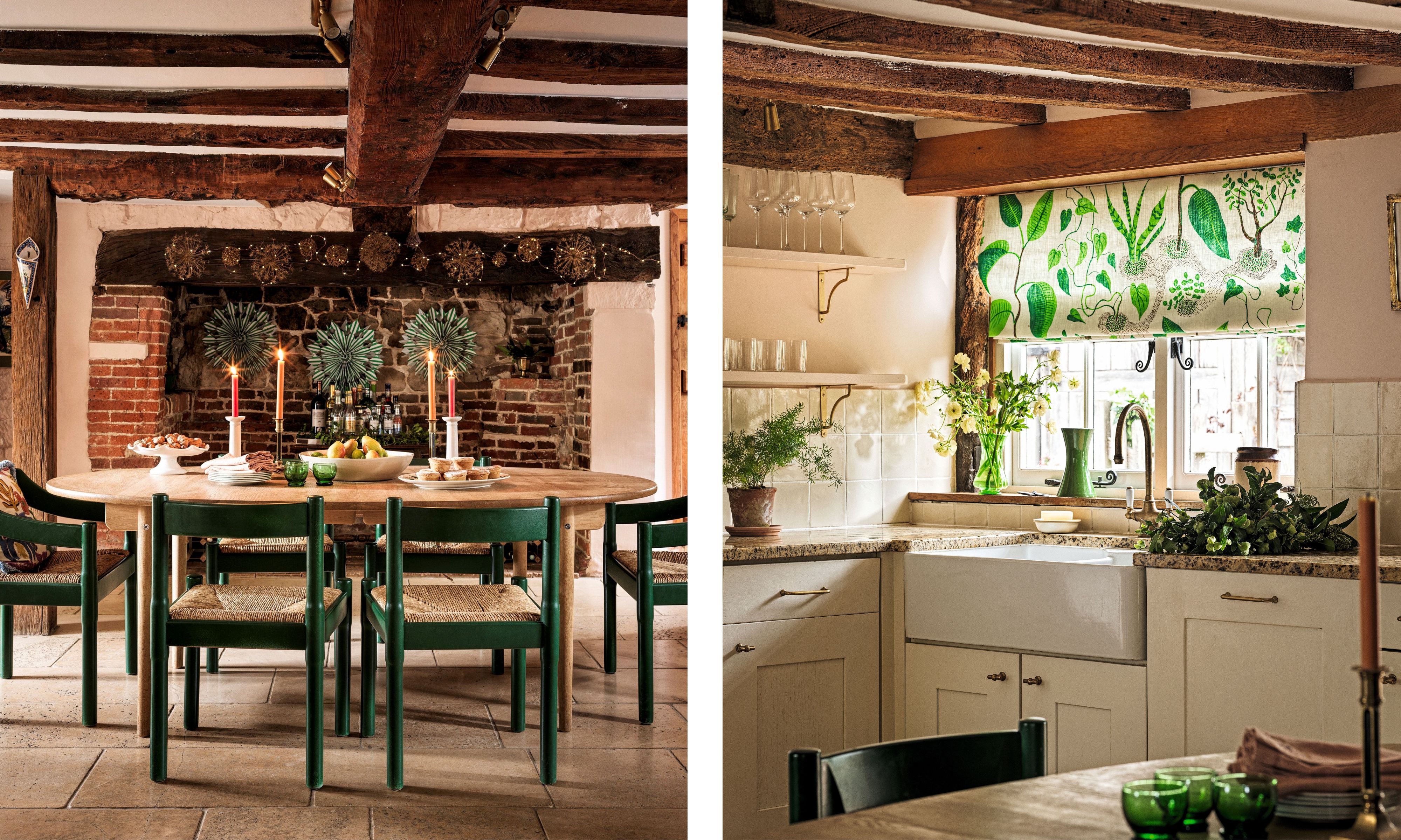 A diptych showing a dining area and kitchen. The left image has a large oval wood dining table with dark green chairs with woven seats, set against a brick fireplace decorated for the holidays. The right image shows a white farmhouse sink below a window with a green botanical print Roman blind, and cream cabinets with a granite countertop, maintaining the exposed wood beam aesthetic.