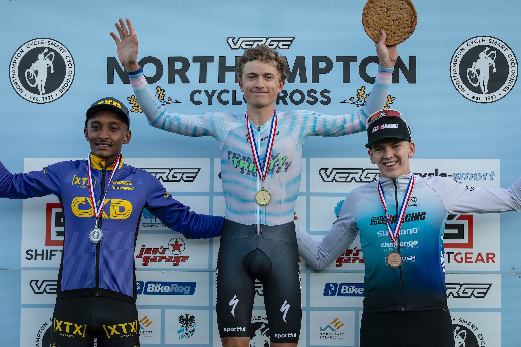 Elite men&#039;s podium, with Henry Coote (Trinity Racing) on the top step as winner