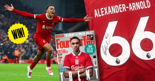 Trent Alexander-Arnold of Liverpool celebrates scoring his side's fourth goal during the Premier League match between Liverpool FC and Fulham FC at Anfield on December 03, 2023 in Liverpool, England with a picture of the April issue of FourFourTwo alongside a signed Trent Alexander-Arnold Liverpool shirt