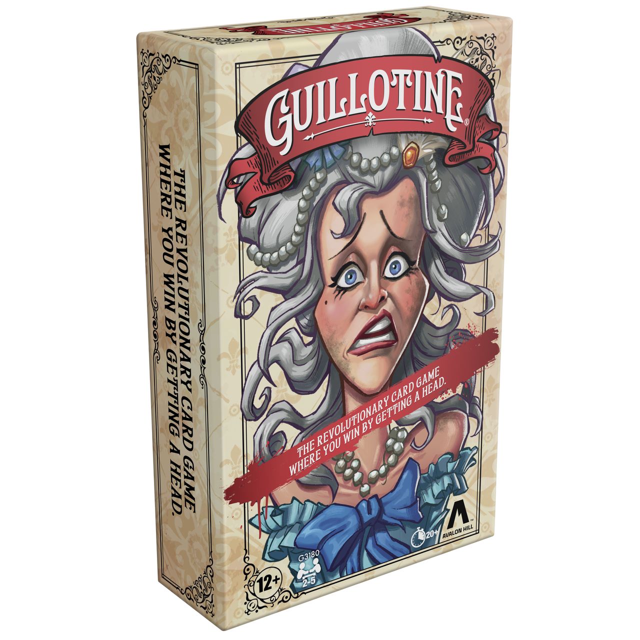 Guillotine box, cards, and prop on a plain background