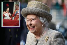 The Queen as main with drop in of the Queen holding Prince Edward as a baby alongside Prince Philip