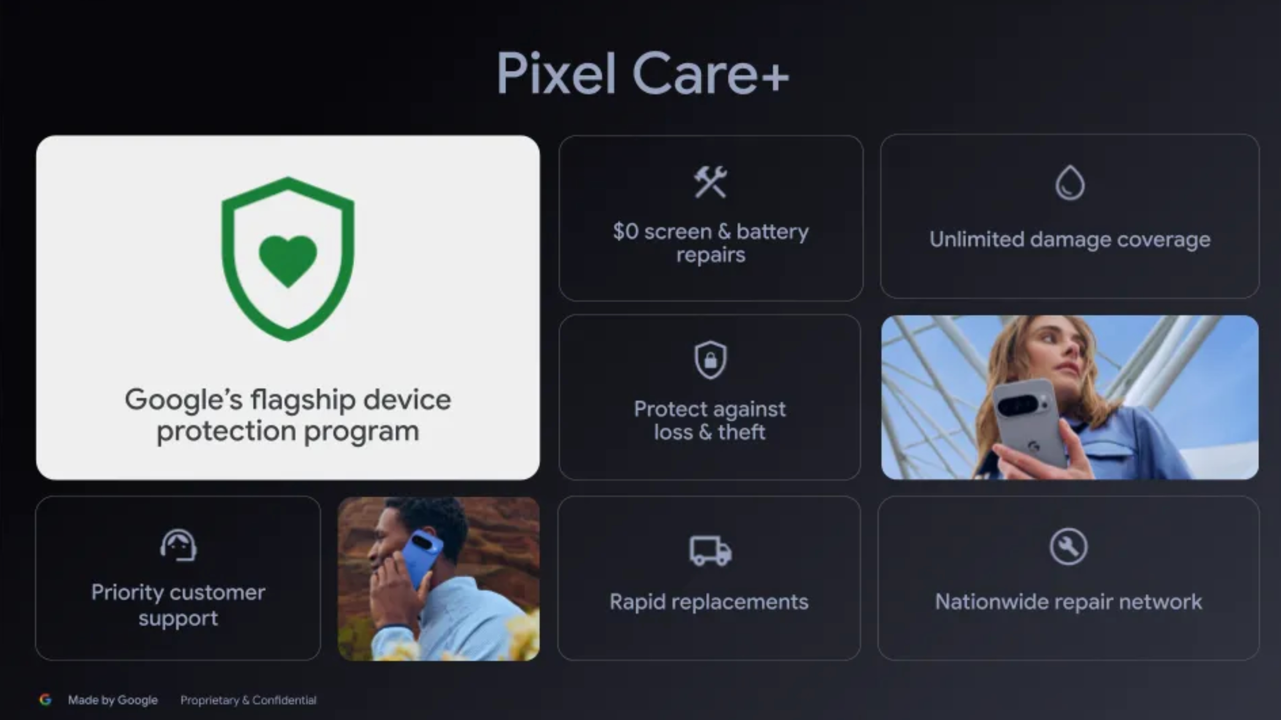 The promotional images for Google&#039;s new Pixel Care Plus protection plan.