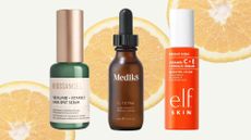 a backdrop with slices of orange on it and biossance vitamin c serum, Medik 8 vitamin C serum and ELF Vitamin C serum on it