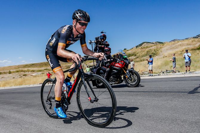 Travis Samuel (DC Bank) attacks through the final laps of stage 1 of the 2019 Tour of Utah