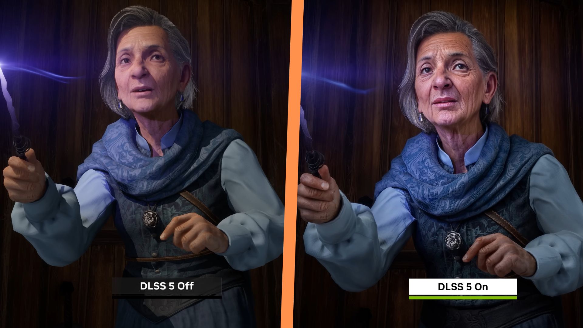 A side by side of a character from Hogwarts Legacy with and without DLSS 5