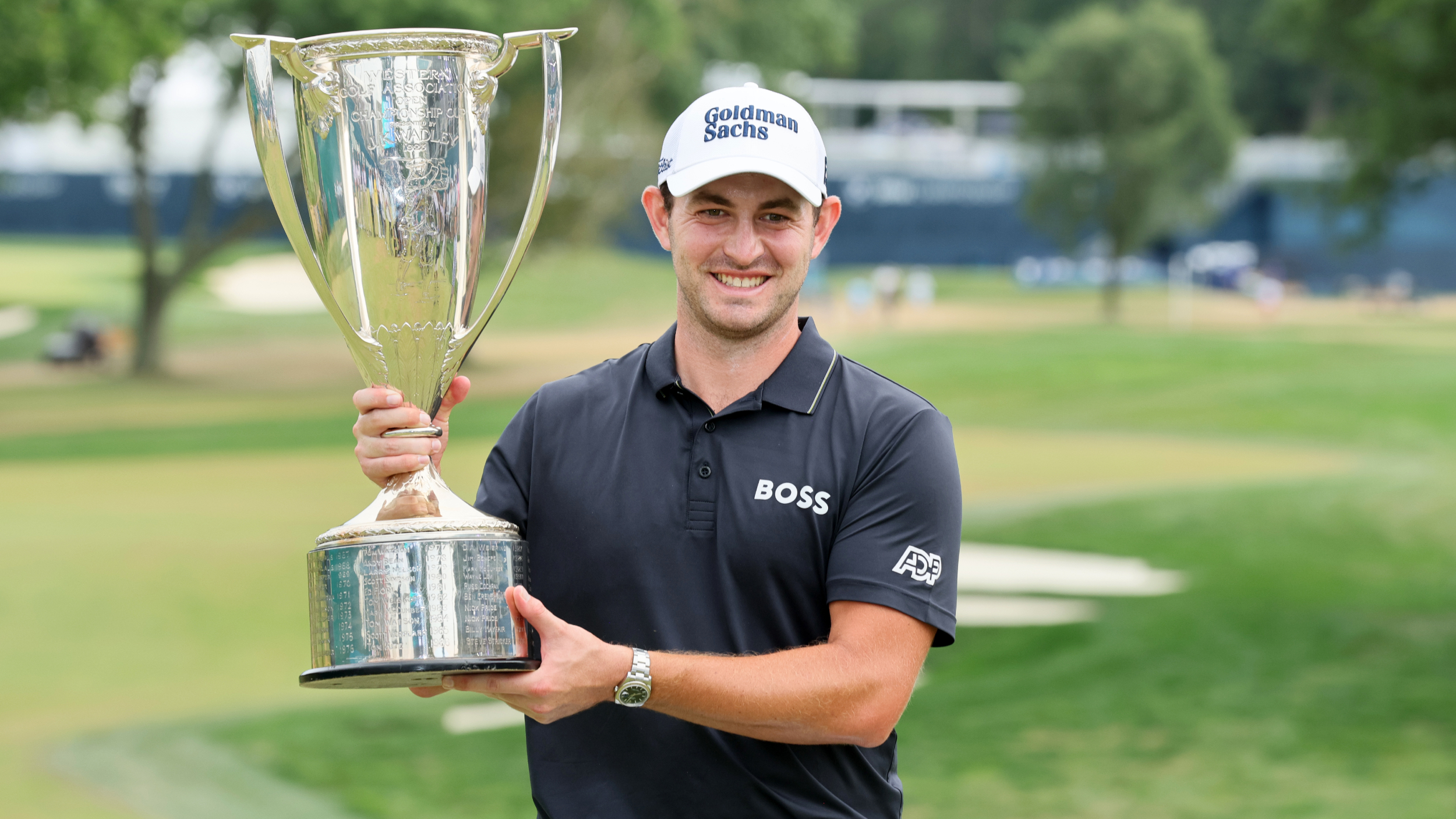 Patrick Cantlay with the BMW Championship trophy