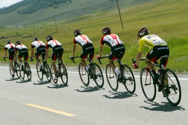 RadioShack sets the pace at the head of the peloton.
