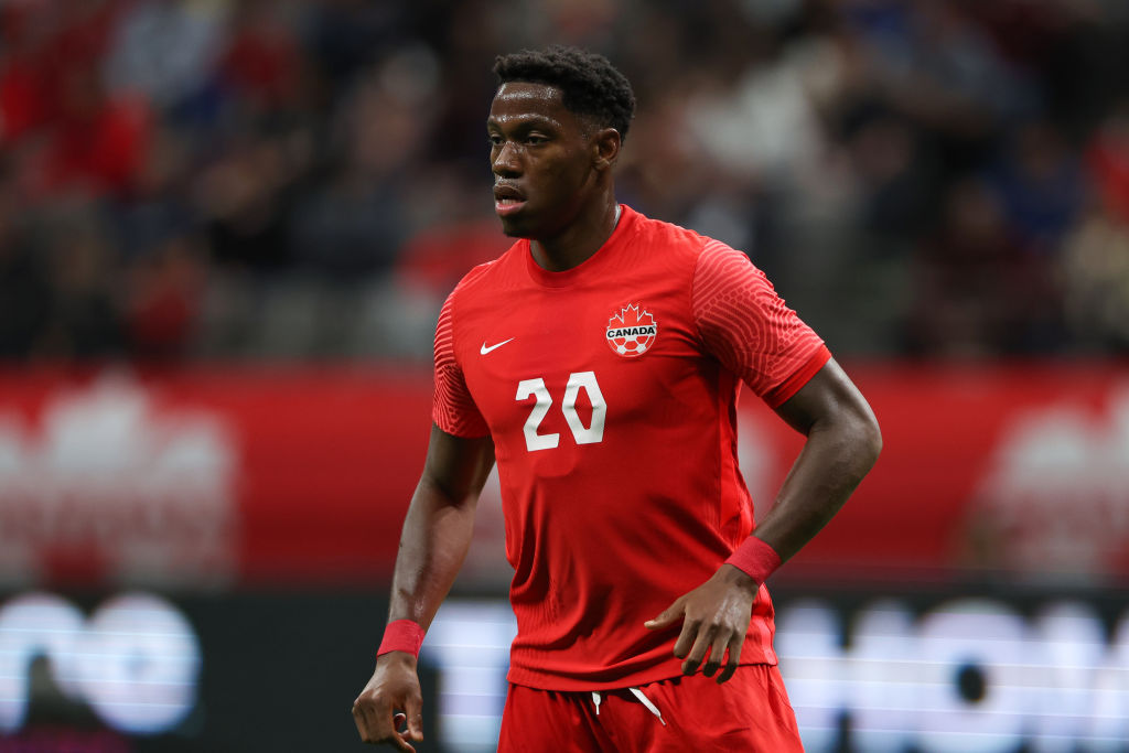 Jonathan David of Canada during the Canada v Curacao CONCACAF Nations League Group C match at BC Place on June 9, 2022 in Vancouver, Canada.