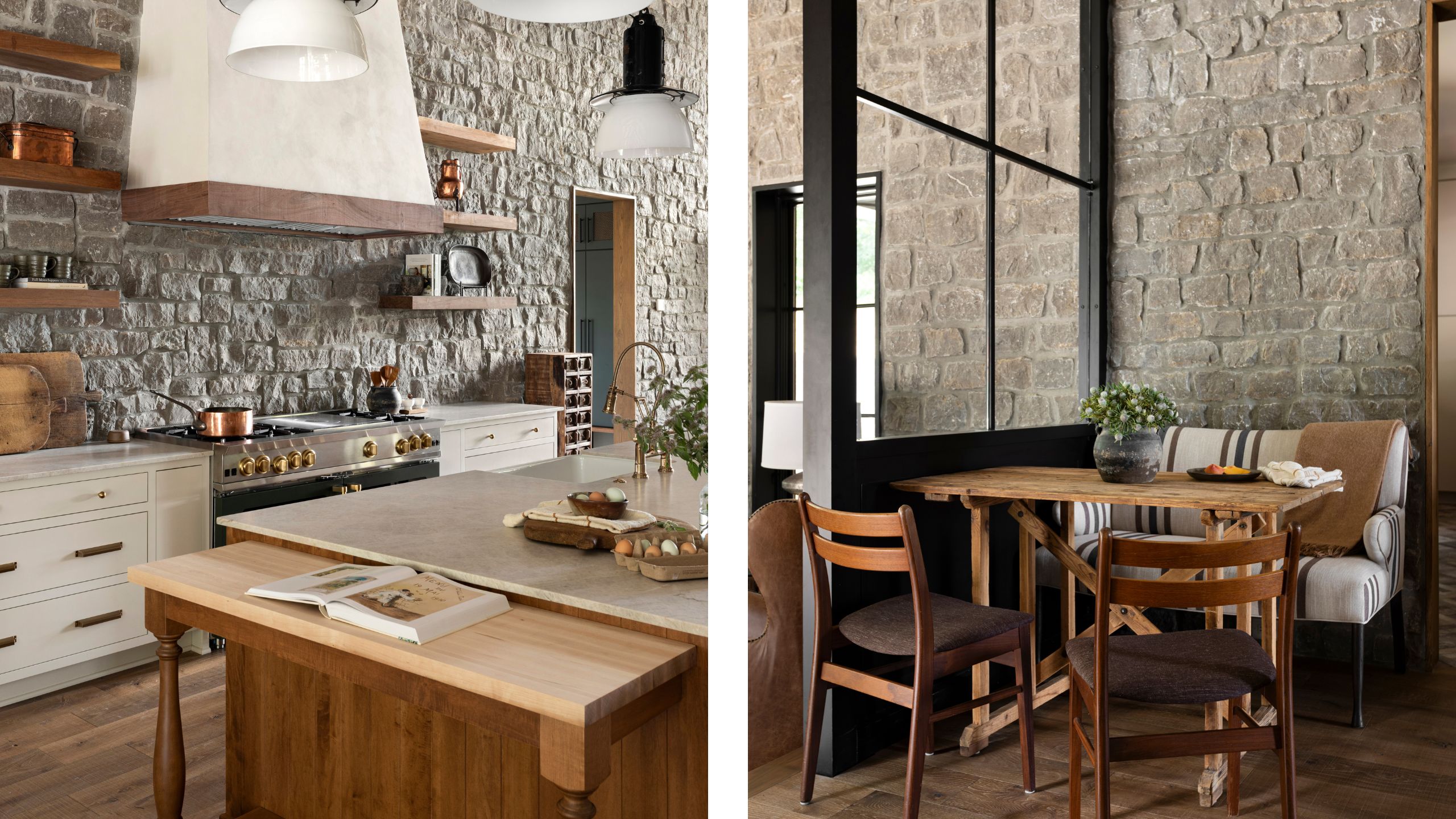 2 side by side images of a large kitchen with stone walls, neutral cabinetry, large island and a cooker hood