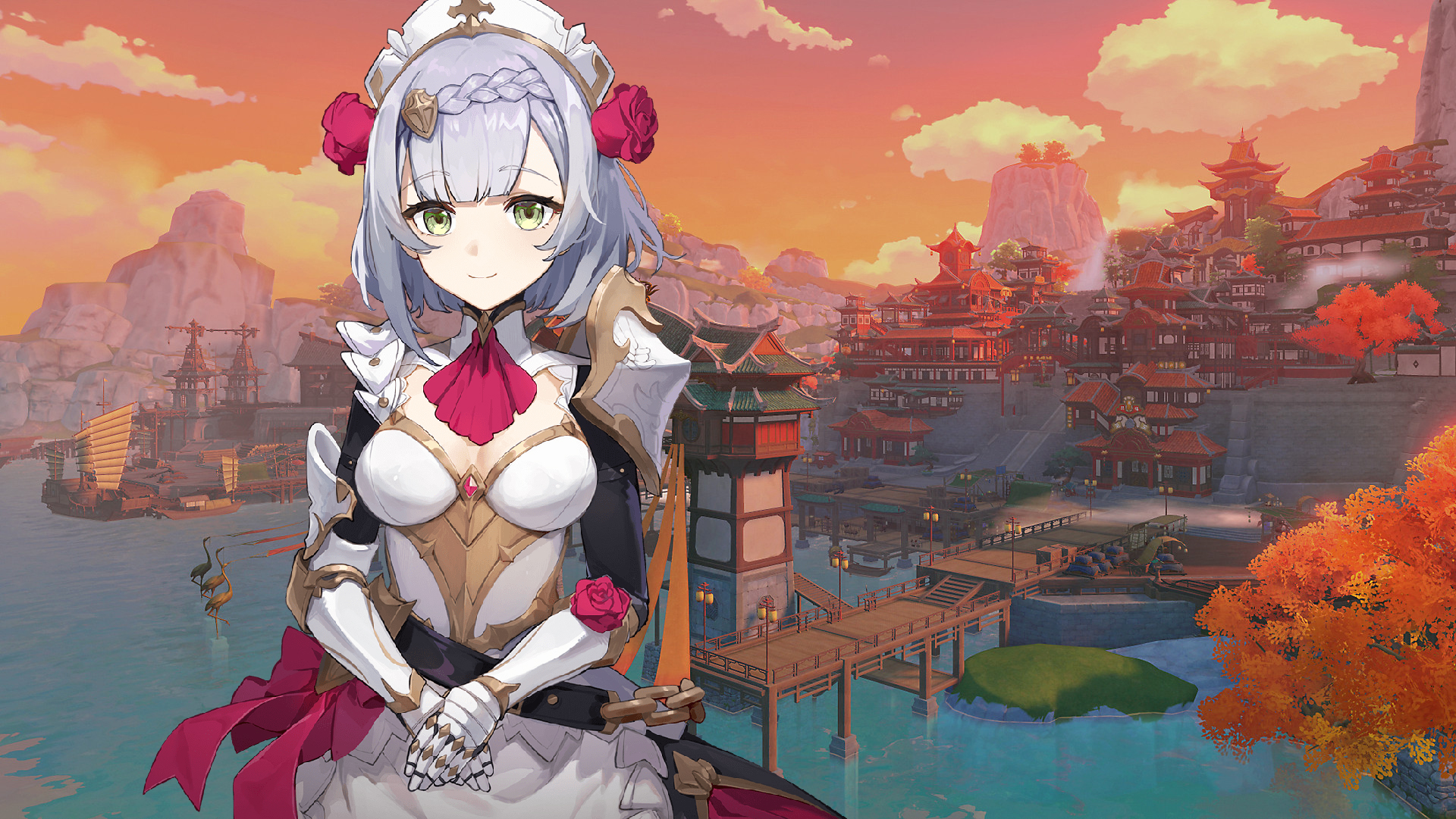 genshin impact tier list - noelle character art in front of a Liyue Harbor screenshot