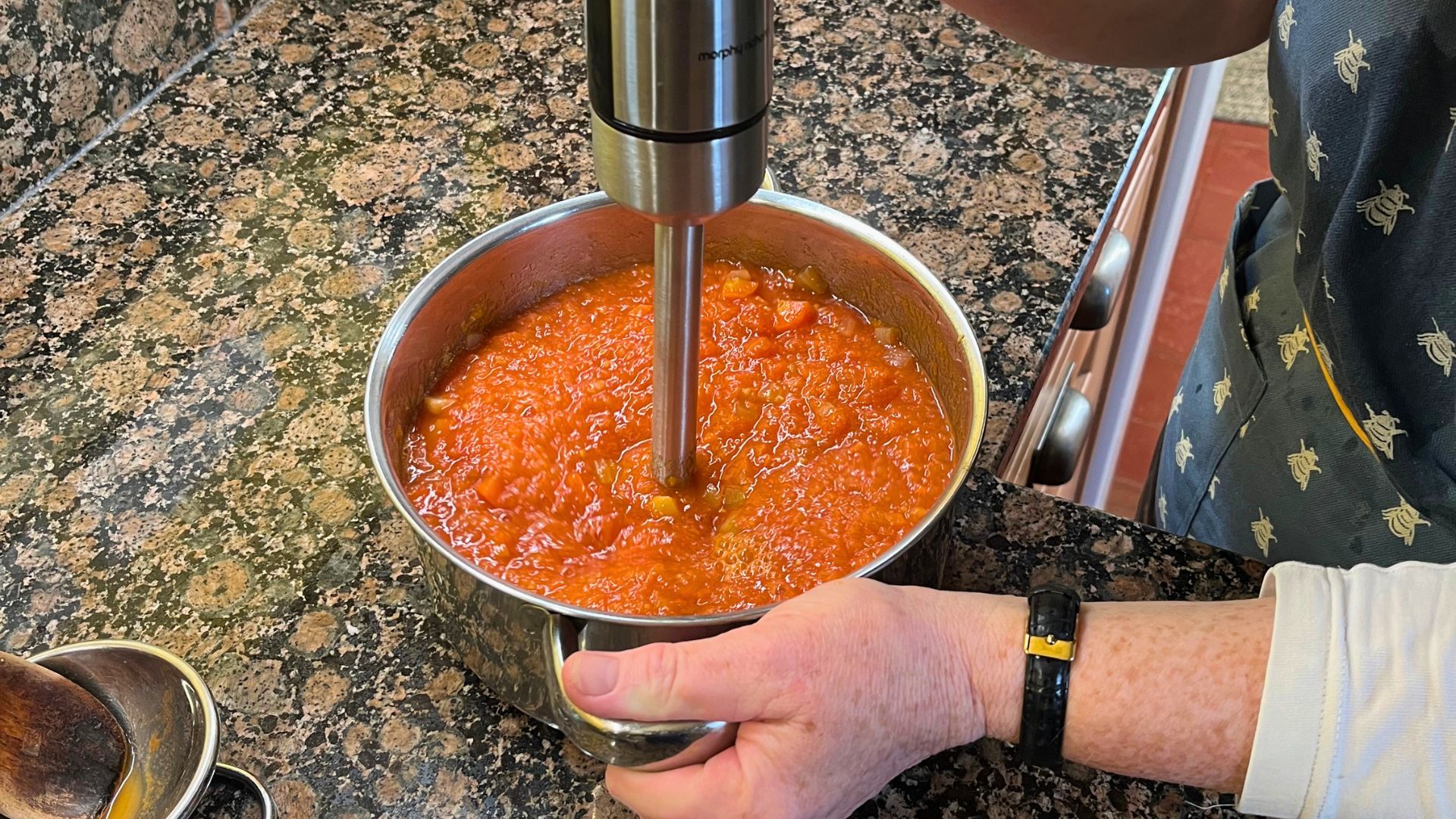 The Morphy Richards Handblender with Masher pictured in use in the home kitchen of tester Josephine Kennedy
