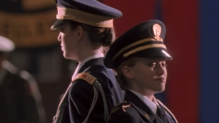 Christy Carlson Romano and Hilary Duff in uniform back to back in Cadet Kelly