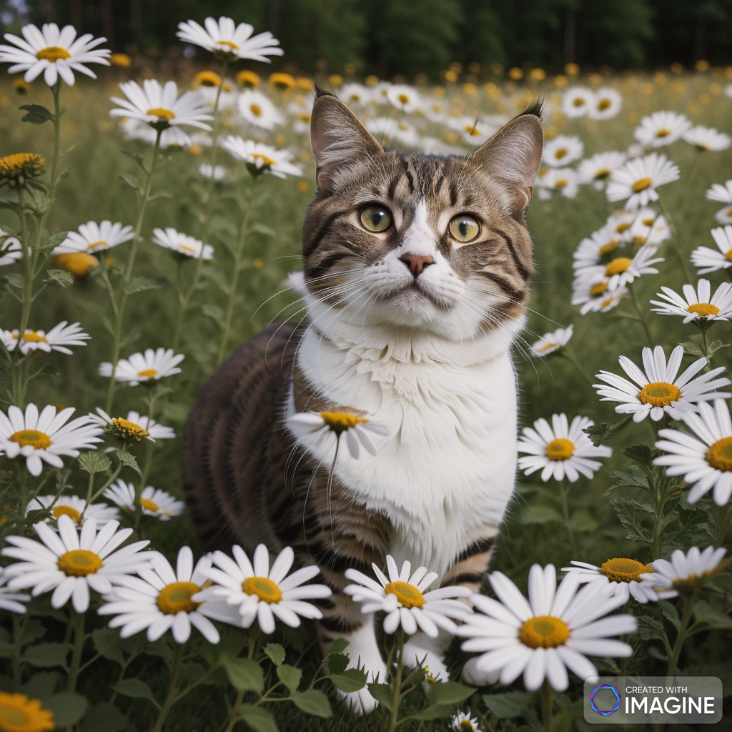AI generated images of cat picking daisies