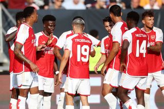 Arsenal season preview 2023/24 Bukayo Saka of Arsenal celebrates with team mates after scoring their sides first goal during the pre-season friendly match between 1. FC Nürnberg and Arsenal FC at Max-Morlock Stadion on July 13,