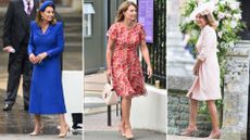 Composite of Carole Middleton wearing pinky-nude shoes at the coronation, Wimbledon 2017 and at Pippa Middleton’s wedding 