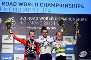 The junior women's time trial podium of Emma White (USA), Chloe Dygert (USA) and Anna-Leeza Hull (Australia)