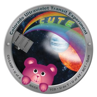 An illustration of a cute little pink bear looking up at a small satellite with a rainbow shooting out. There is a blueish Jupiter-esque planet in the background with wispy matter coming off. A star is in the far background.