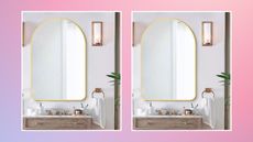 a white bathroom with a gold mirror and a luxe look on a pink and purple pastel background