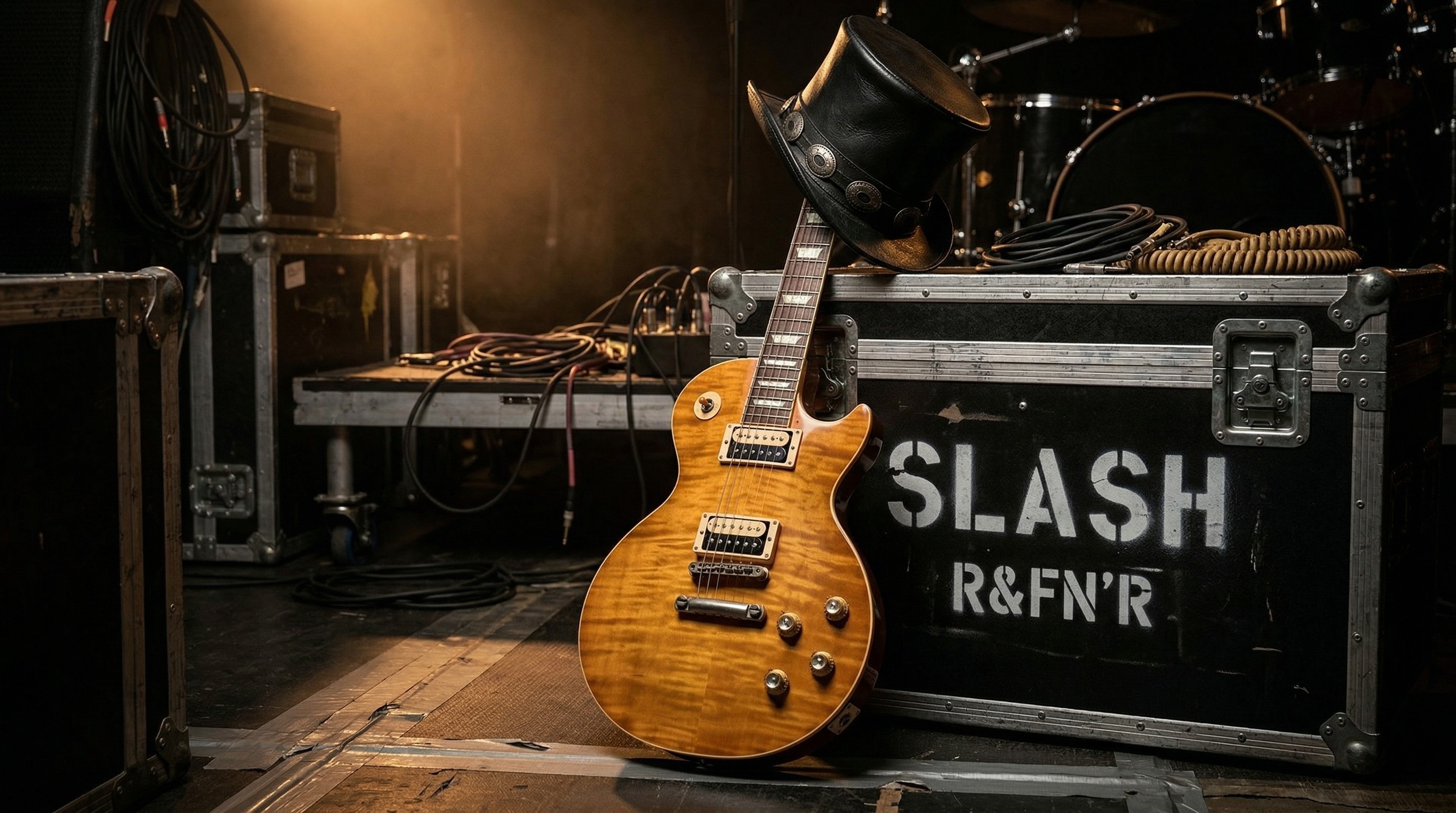 Slash Les Paul backstage with top hat and flightcase