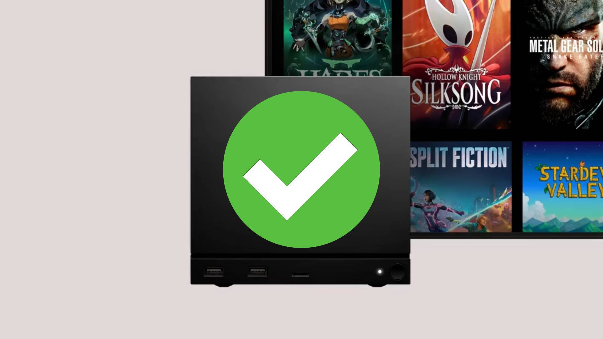 Steam Machine with green Verified tick badge on front and screen in backdrop displaying game library artwork.