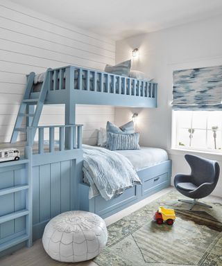 kids bedroom with light blue bunk beds and white walls