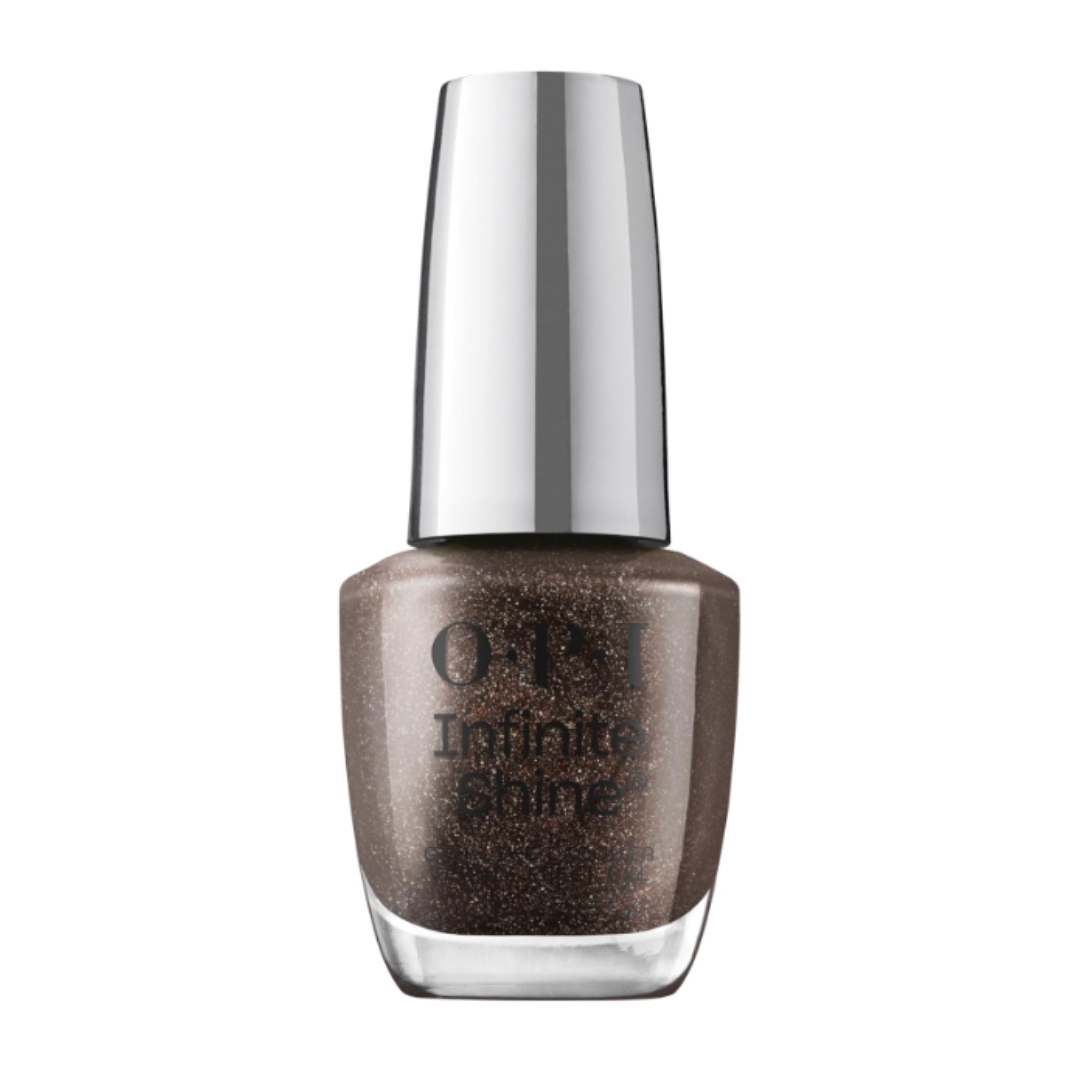 A product shot of the OPI Infinite Shine Nail Polish in shade My Private Jet (a dark brown shimmer colour), on a white background