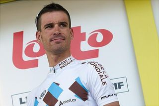 Lloyd Mondory (AG2R La Mondiale) on stage after being awarded the most aggressive rider prize for stage 1.