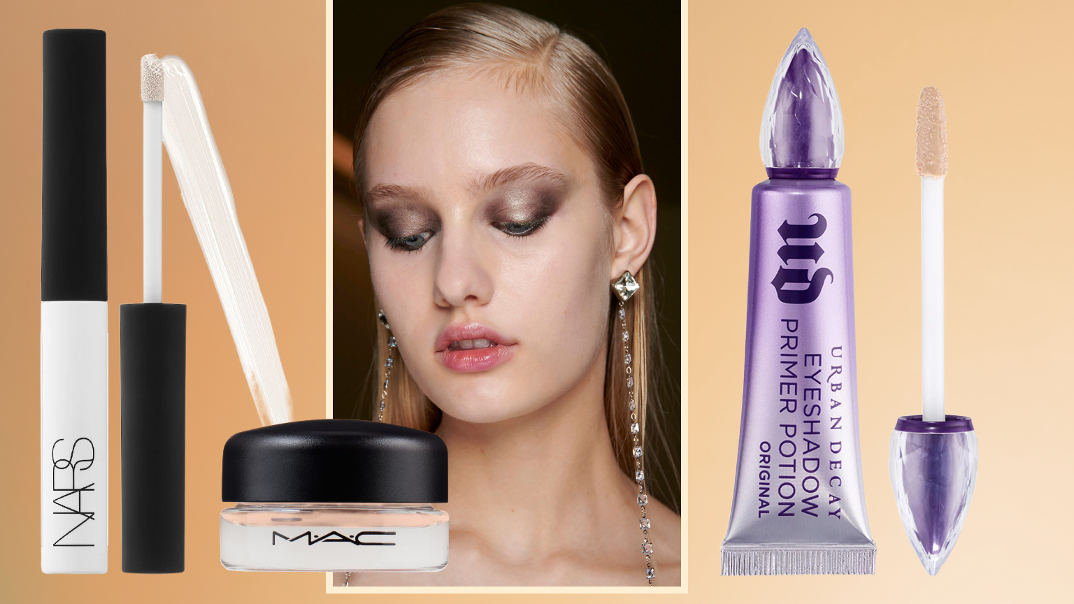 Two runway models face the camera in a close image, the models wear black clothing and their makeup consists of a claret red lip and soft brown eyeshadow with strong brows and full lashes.