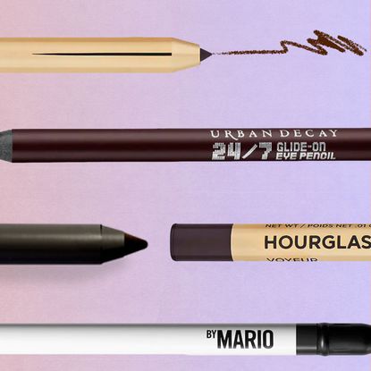 Collage of hourglass, urban decay, maybelline, and makeup by mario pencil eyeliners overlaid on a peach and purple gradient background