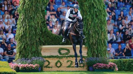 J&eacute;r&ocirc;me Robin&eacute; and Black Ice jump a cross-country fence at Aachen 2025.