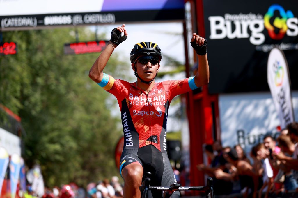 BURGOS SPAIN AUGUST 02 Santiago Buitrago Sanchez of Colombia and Team Bahrain Victorious celebrates winning during the 44th Vuelta a Burgos 2022 Stage 1 a 157km stage from Catedral de Burgos to Mirador del Castillo Burgos VueltaBurgos on August 02 2022 in Burgos Spain Photo by Gonzalo Arroyo MorenoGetty Images