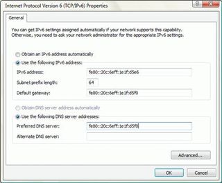 IPv6 information entry screen