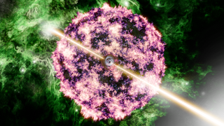 A pinkish spherical blast is seen with a yellow laser-like streak strewn diagonally through the center. In the background, is it patchy and green.