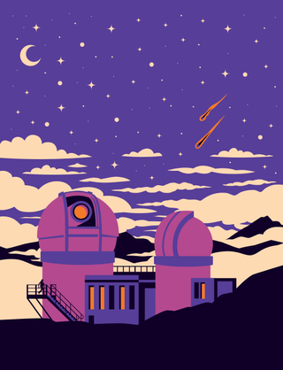 colorful illustration of a large ground-based telescope with meteors streaking through the sky about it.