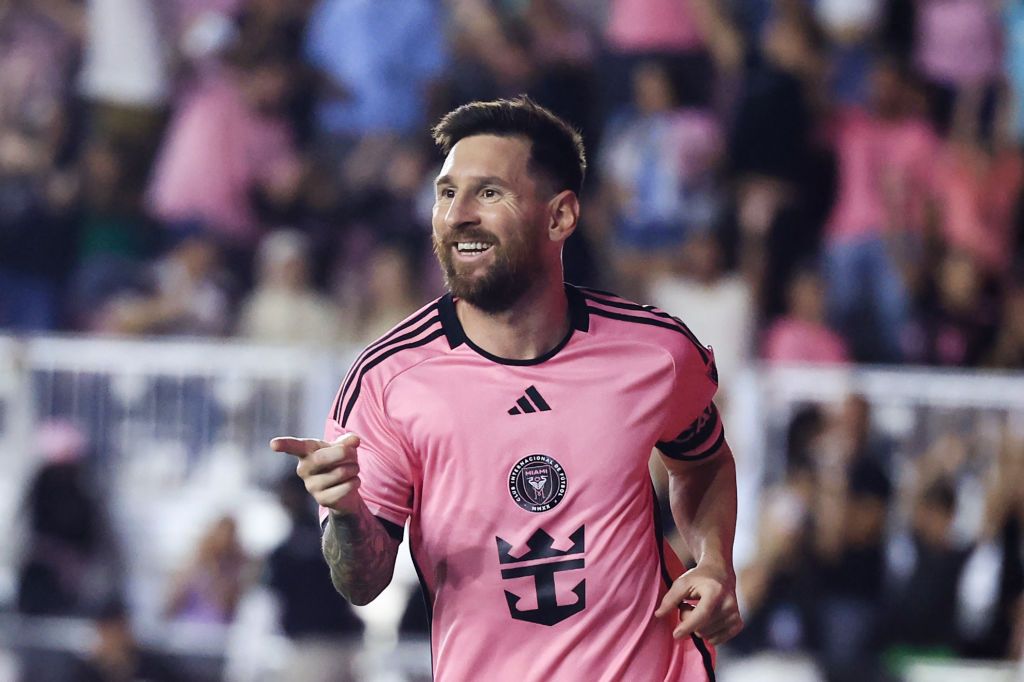 Lionel Messi #10 of Inter Miami celebrates scoring his third goal during the second half against the New England Revolution at Chase Stadium on October 19, 2024 in Fort Lauderdale, Florida. (Photo by Carmen Mandato/Getty Images)