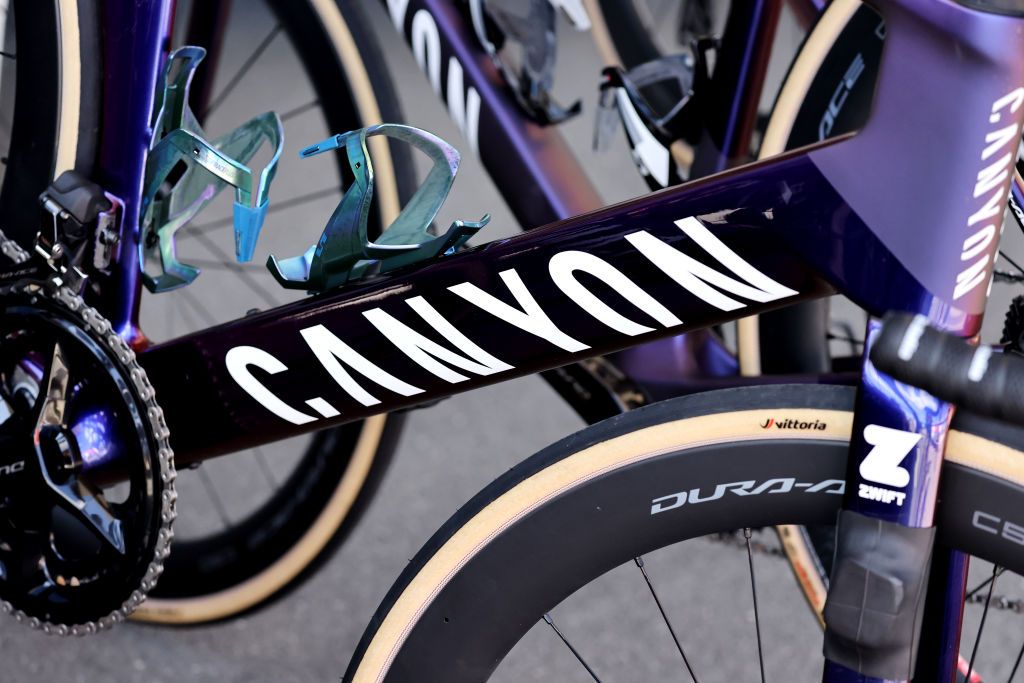 A detail of the Canyon Alpecin-Deceuninck race bike 