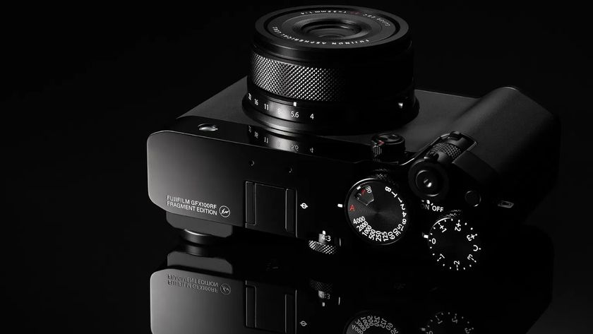 The Fujifilm GFX100RF Fragment Edition on a black background