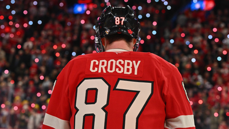 Sidney Crosby #87 of Team Canada warms up prior to a game against Team USA in the 4 Nations Face-Off game at the Bell Centre on February 15, 2025 in Montreal, Quebec, Canada. 