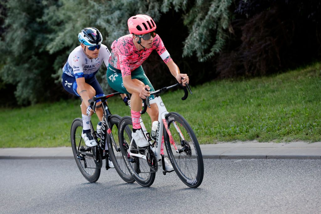 RZESZOW POLAND AUGUST 03 LR Mads Wrtz Schmidt of Denmark and Team Israel Premier Tech and Sean Quinn of United States and Team EF Education Easypost compete in the breakaway during the 79th Tour de Pologne 2022 Stage 5 a 1781km stage from Lancut to Rzeszow TdP22 WorldTour on August 03 2022 in Rzeszow Poland Photo by Bas CzerwinskiGetty Images