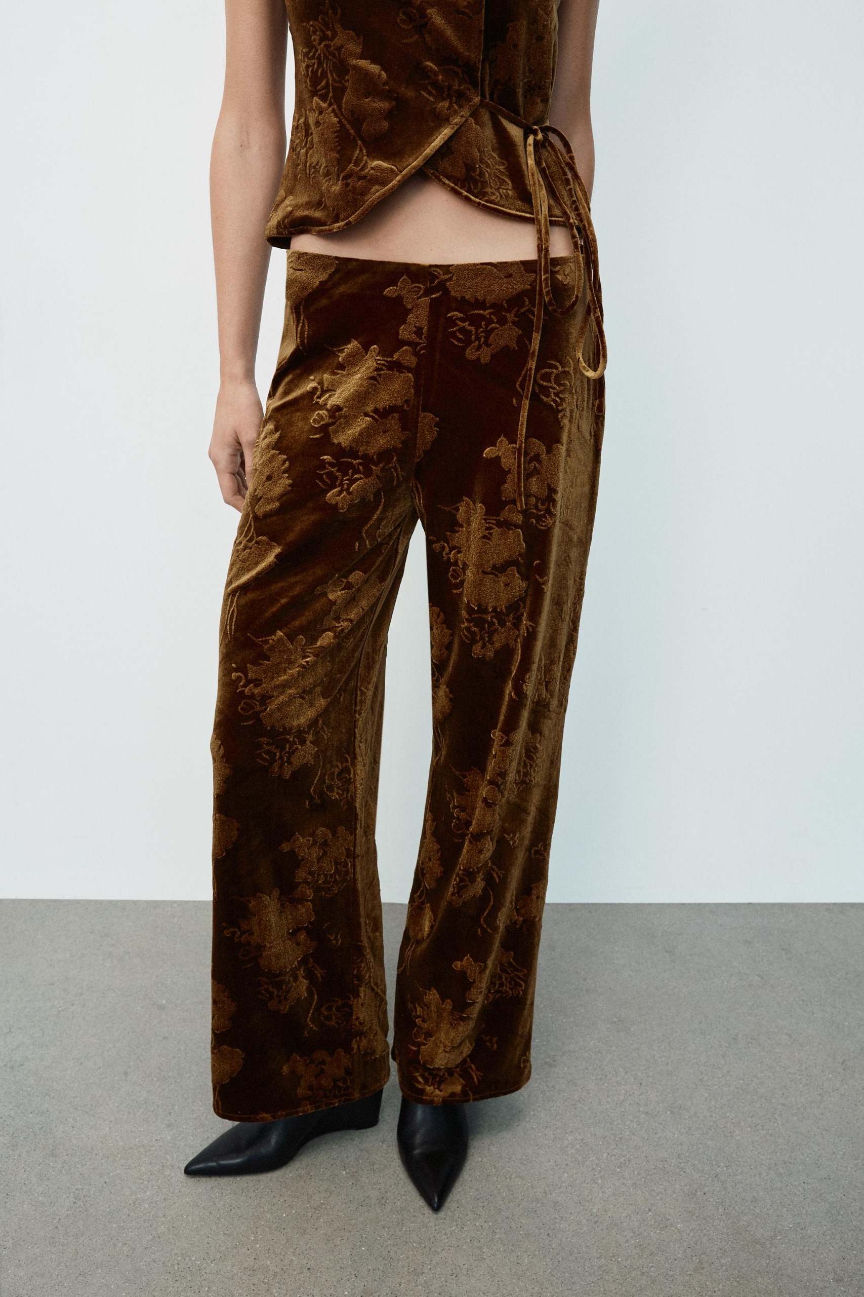 Velvet Print Pants - Brown / Green - S