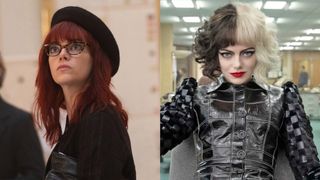 emma stone wearing a beret and black jacket in cruella and another photo of her dressed up with the split white and black hair and fashion dress