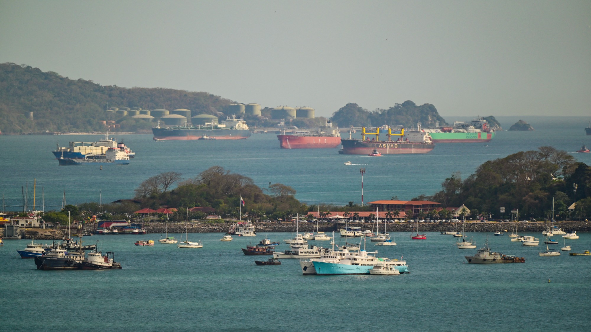 Cargo ships wait to enter the Panama Canal.
