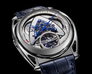 Futuristic watch with visible workings and blue strap